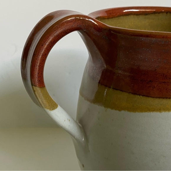 Vintage Brown and Tan Stoneware Crock Farmhouse Creamer Signed 6” Syrup Pitcher - Picture 3 of 16